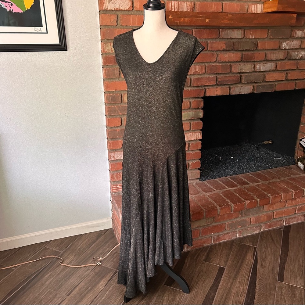 Free People Asymmetrical Shimmer Maxi Dress in Black & Gold Sz XS